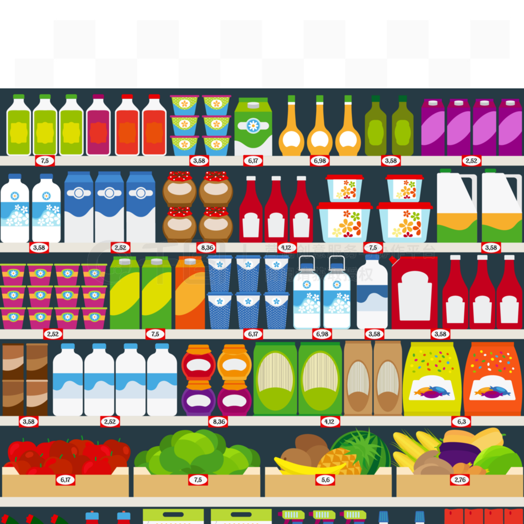 存放乳制品,水果和日用化学品的货架向量例证?货架上摆满产品